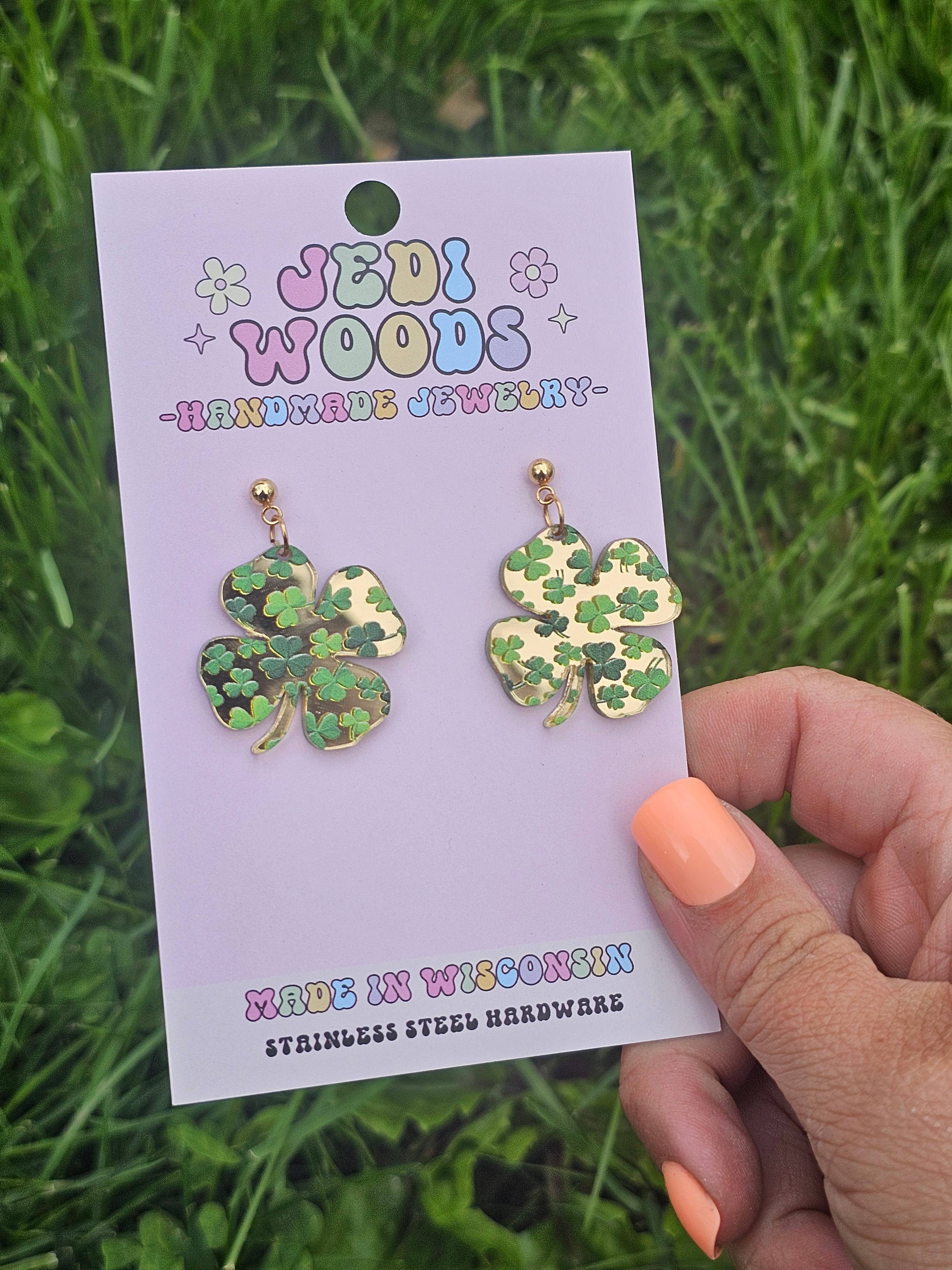 Gold Mirror Clover Earrings for St. Patricks Day