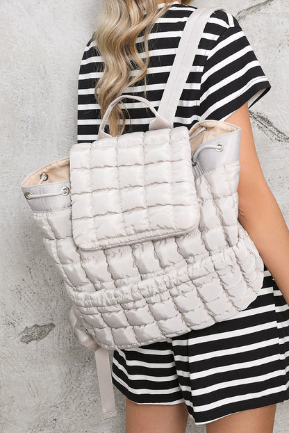 Pink Solid Flapped Quilted Puffer Backpack