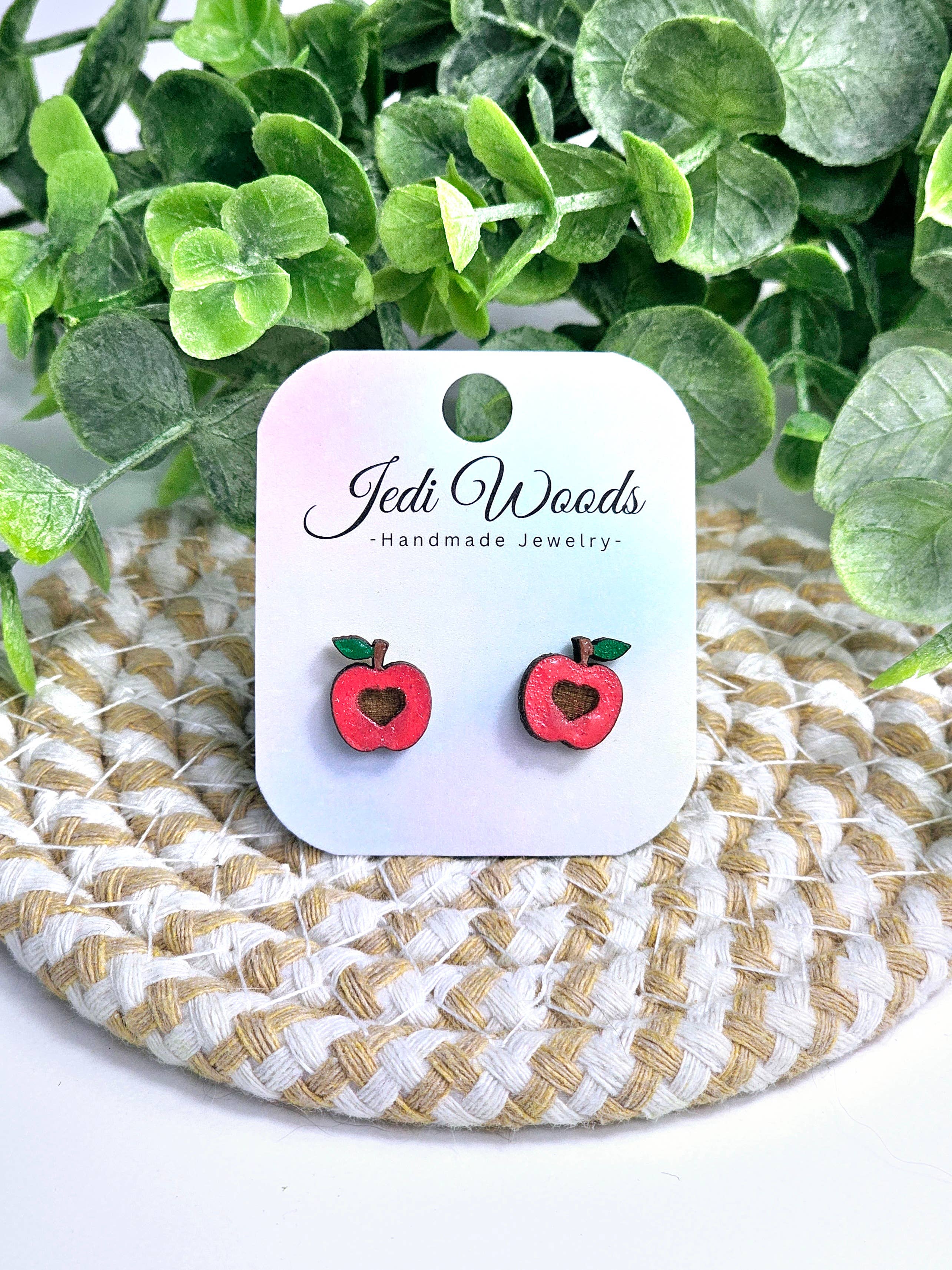 Wooden Apple Earrings, Handpainted, Stainless Steel Hardware