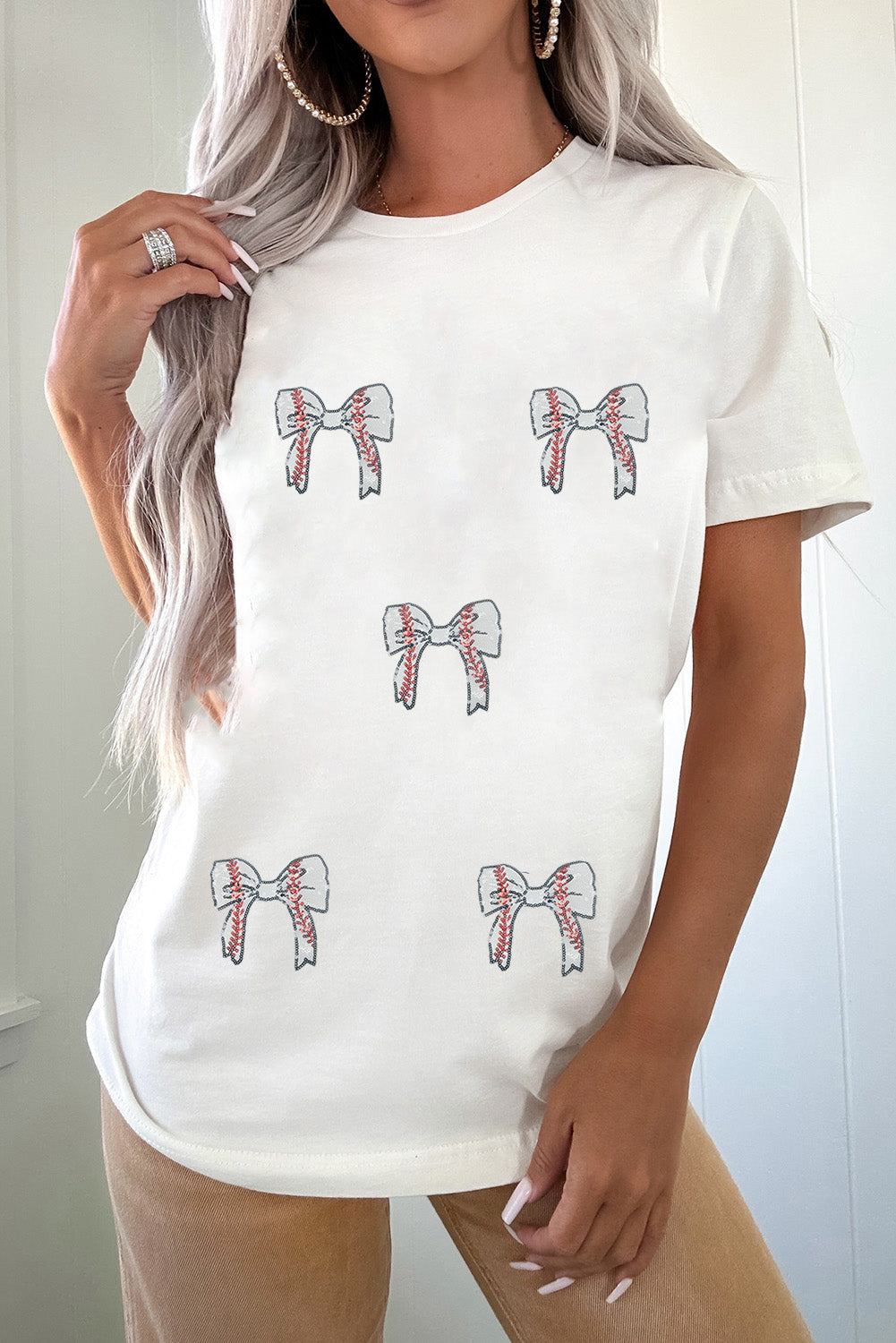 White Game Day Bow Graphic Crewneck T Shirt