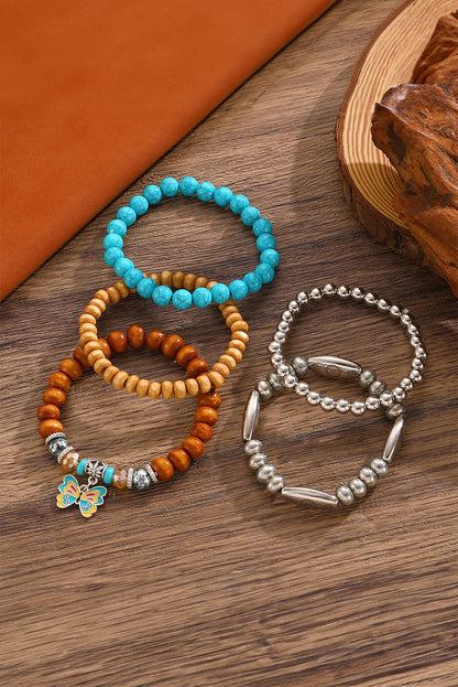 Silvery Boho Butterfly Pendant Beaded Bracelet Set