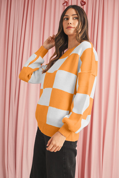 Green Checkered Bishop Sleeve Pullover Sweater