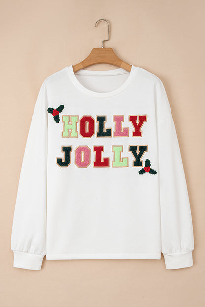 White Cream Collage Letter Christmas Pullover Sweatshirt