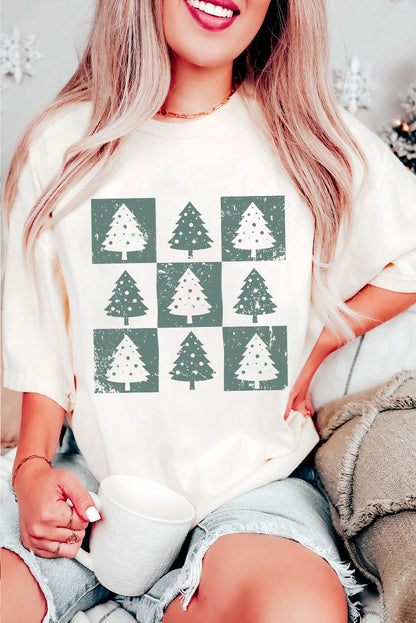 White Christmas Tree Checkered Distressed Graphic Tee