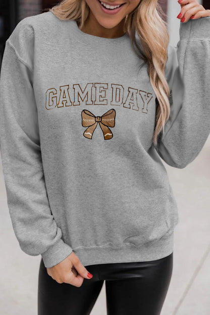 Gray GAME DAY Football Bow Embroidered Casual Sweatshirt