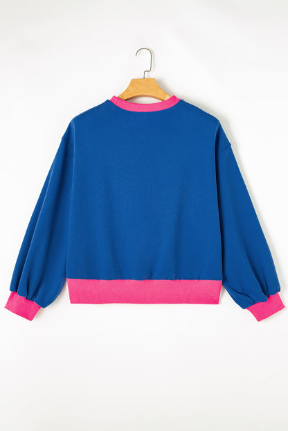 Blue Football and Bow Graphic Contrast Trim Drop Shoulder Sweatshirt