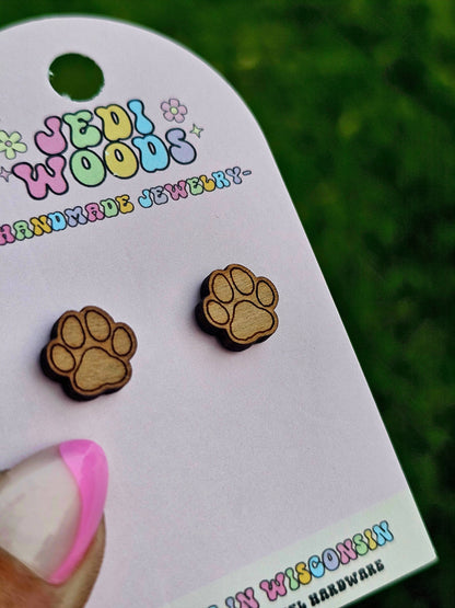 Wooden Paw Print Stud Earrings