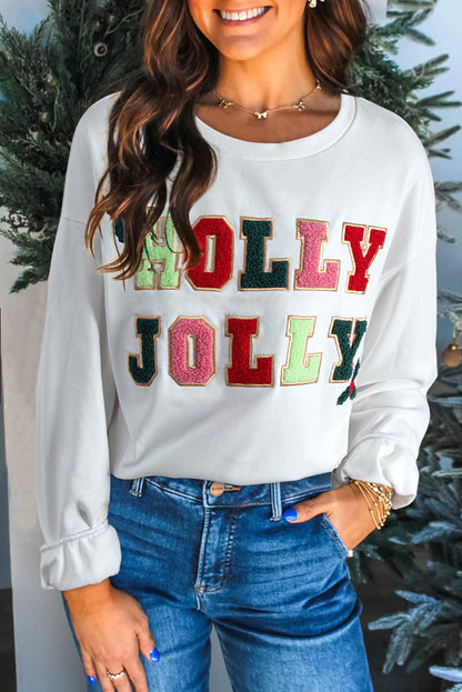 White Cream Collage Letter Christmas Pullover Sweatshirt