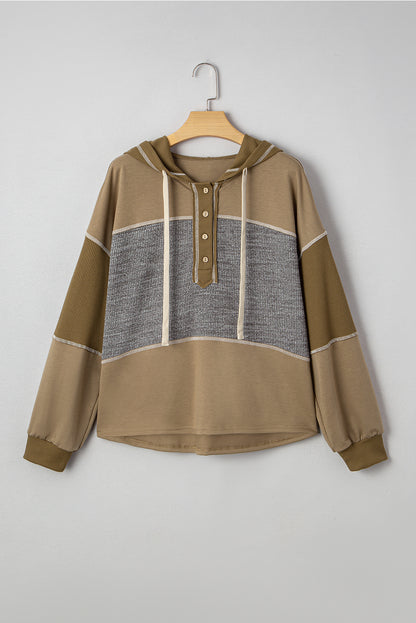 Jungle Green Mixed Texture Patchwork Exposed Seam Half Button Hooded Sweatshirt