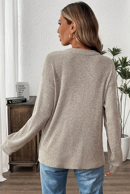 Simply Taupe Ribbed Texture Drop Shoulder Henley Knit Top