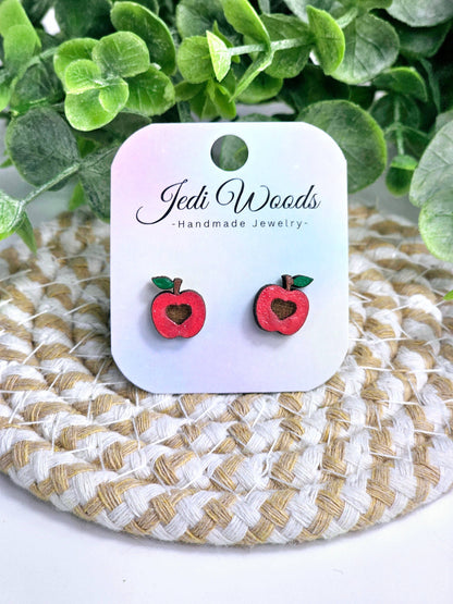 Wooden Apple Earrings, Handpainted, Stainless Steel Hardware