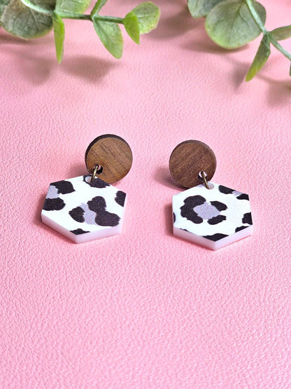 Black and White Cheetah Print Earring with Wood Stud Topper