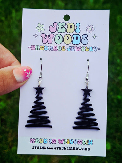 Gothic Black Squiggly Christmas Tree Earrings