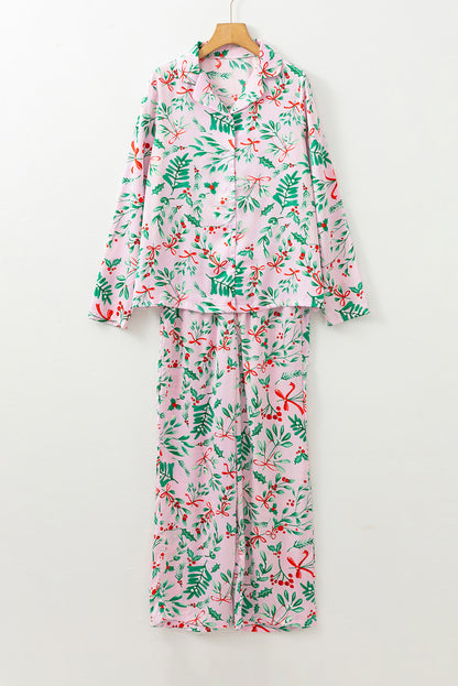 Pink Plants Print Plush Edge Collar Shirt Pants Pajama Set