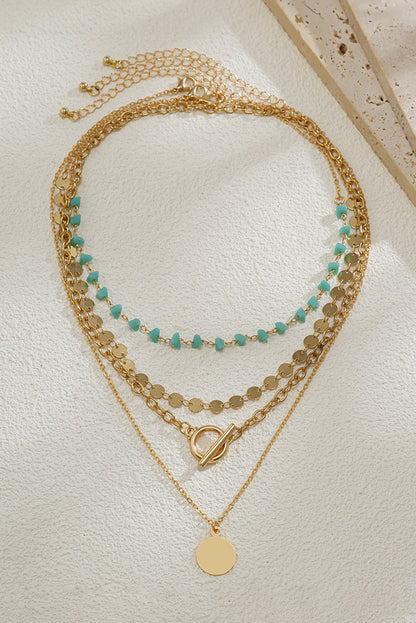Gold Boho Circle Pendant Multi-Layered Necklace Set