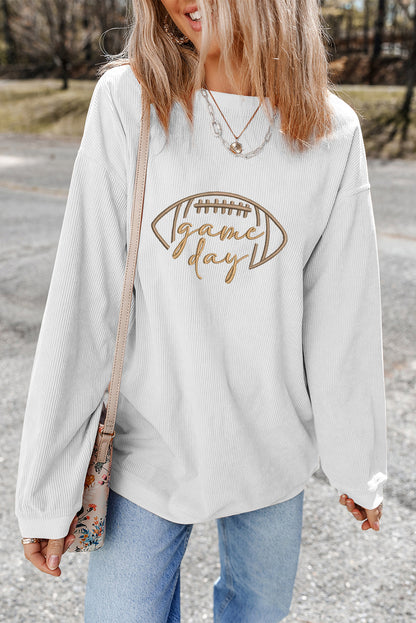 White Football Graphic Drop Shoulder Game Day Corded Sweatshirt