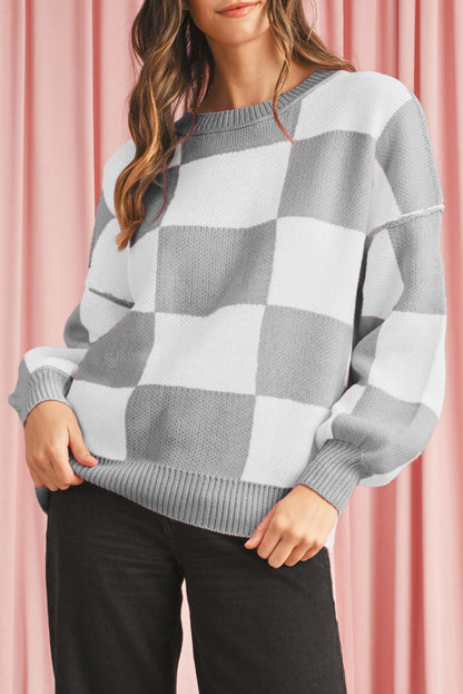 Green Checkered Bishop Sleeve Pullover Sweater