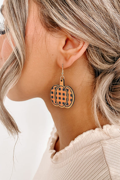 Russet Orange Plaid Print Pumpkin Shape Autumn Drop Earrings