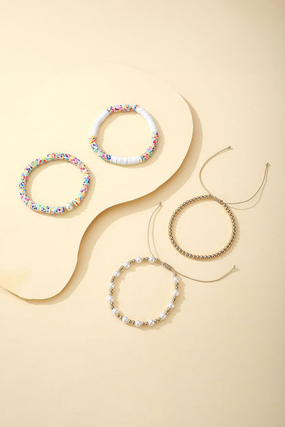 Gold Pearl Colorful Clay Beaded Stackable Bracelet Set