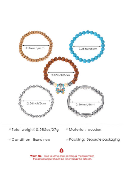 Silvery Boho Butterfly Pendant Beaded Bracelet Set