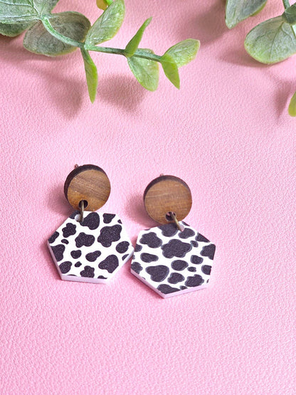 Cow Print Earrings with Wooden Stud Topper