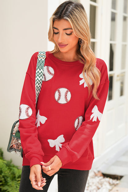 Red Sequin Bow and Baseball Graphic Game Day Fashion Sweatshirt