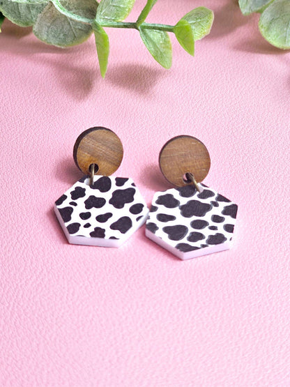Cow Print Earrings with Wooden Stud Topper