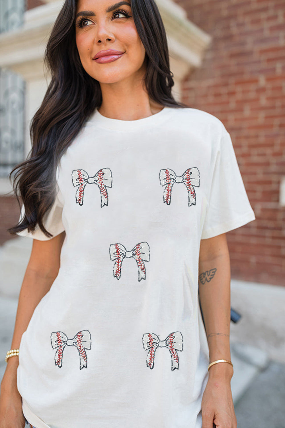 White Game Day Bow Graphic Crewneck T Shirt