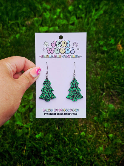 Green Leopard Christmas Tree Earrings
