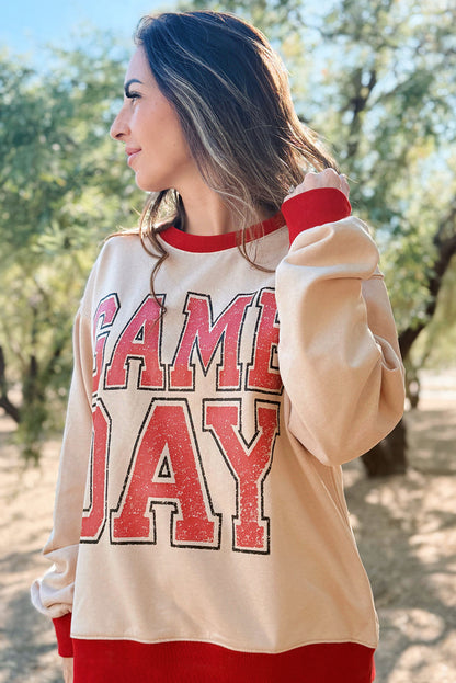 Oatmeal GAME DAY Letter Contrast Trim Baggy Sweatshirt