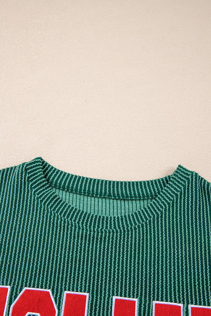 Evergreen Crinkle Rib JOLLY Pattern Long Sleeve Top and Pockets Pants Set