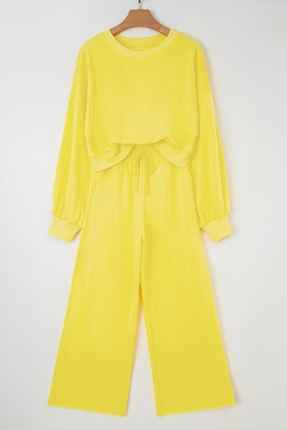 Bright Green Drop Shoulder Crop Pullover Drawstring Wide Leg Pants Set