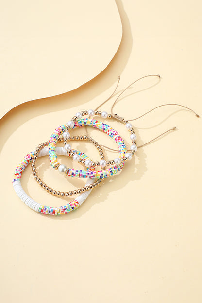 Gold Pearl Colorful Clay Beaded Stackable Bracelet Set