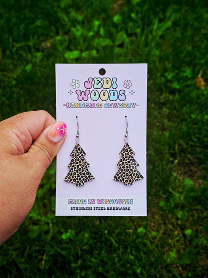 Leopard Print Christmas Tree Earrings