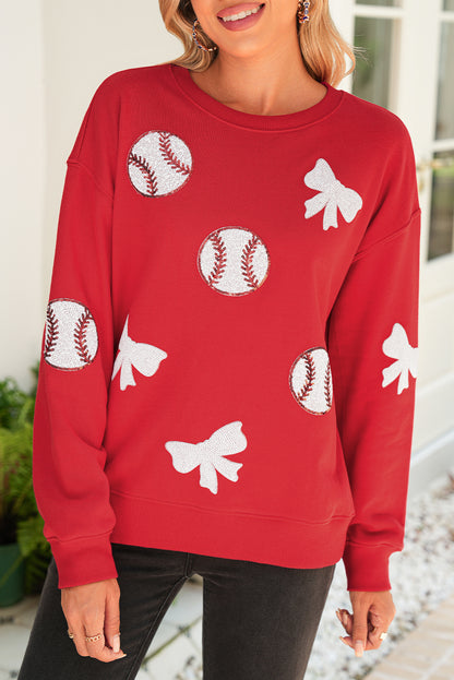 Red Sequin Bow and Baseball Graphic Game Day Fashion Sweatshirt