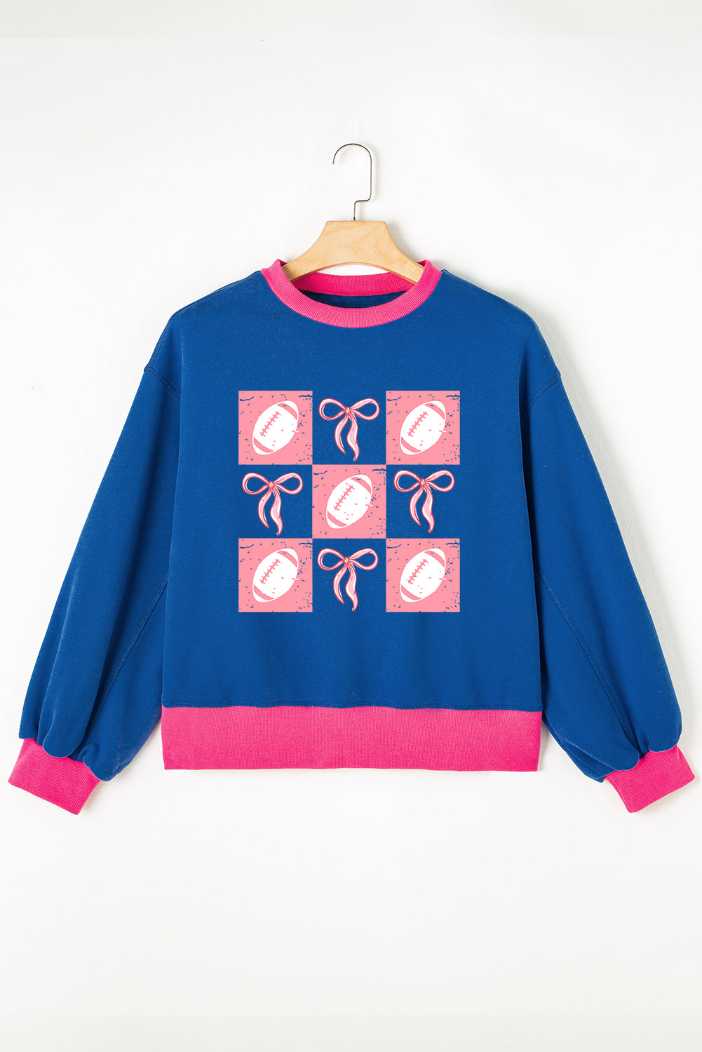 Blue Football and Bow Graphic Contrast Trim Drop Shoulder Sweatshirt
