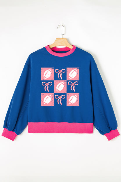 Blue Football and Bow Graphic Contrast Trim Drop Shoulder Sweatshirt