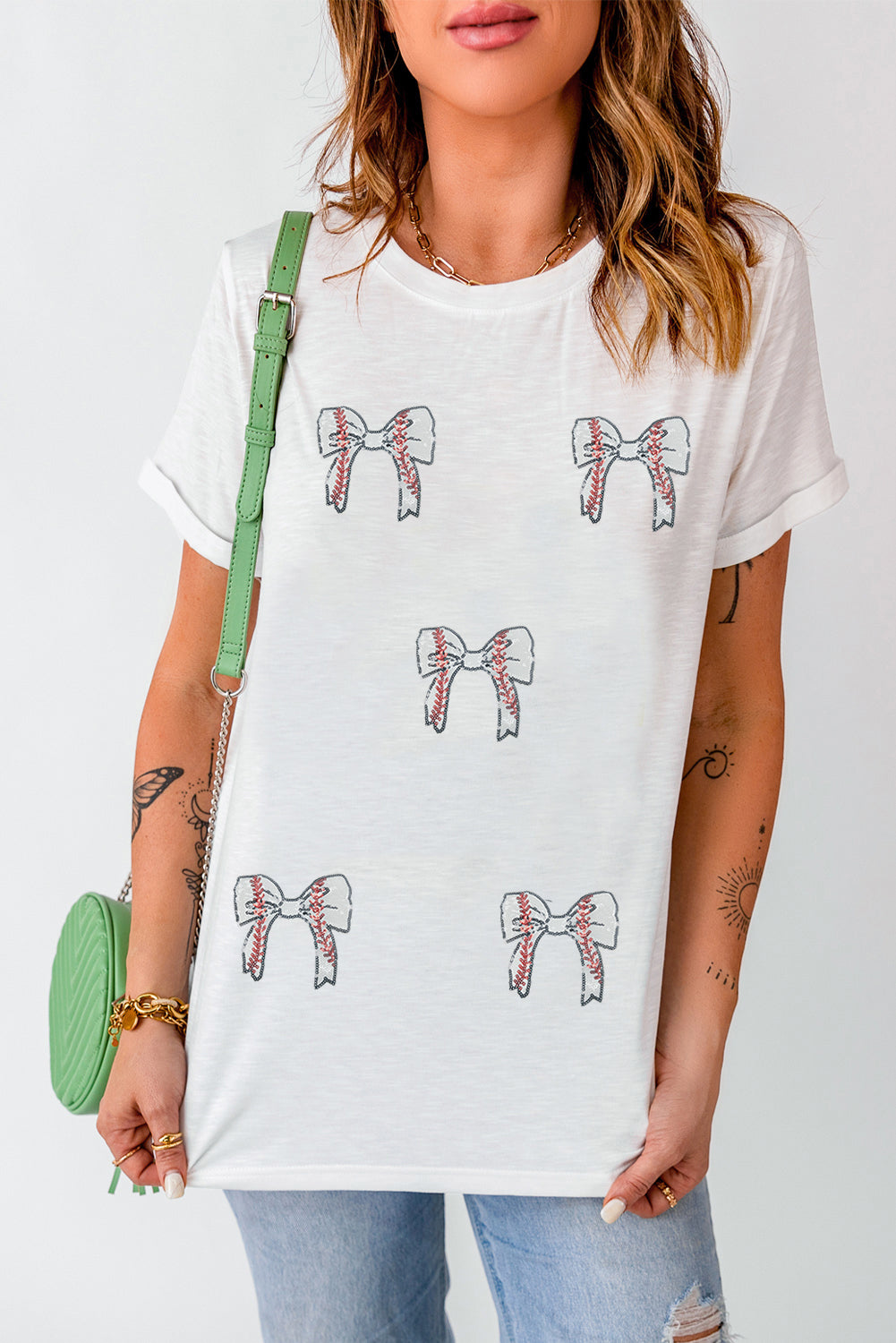 White Game Day Bow Graphic Crewneck T Shirt