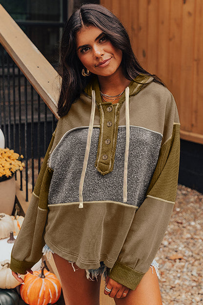 Jungle Green Mixed Texture Patchwork Exposed Seam Half Button Hooded Sweatshirt