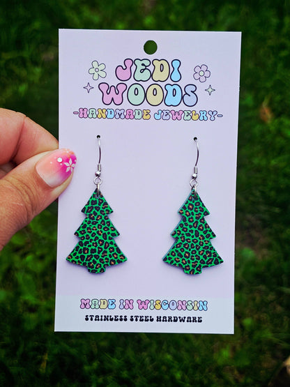 Green Leopard Christmas Tree Earrings