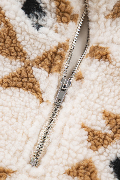 Khaki Geometric Print Sherpa Quarter Zip Collar Sweatshirt