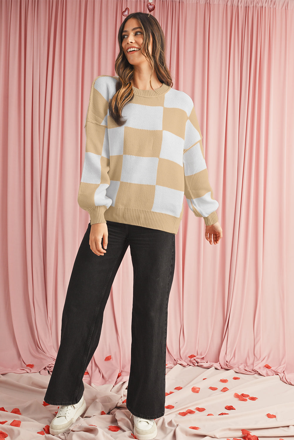 Green Checkered Bishop Sleeve Pullover Sweater