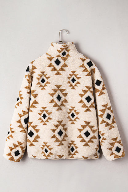 Khaki Geometric Print Sherpa Quarter Zip Collar Sweatshirt