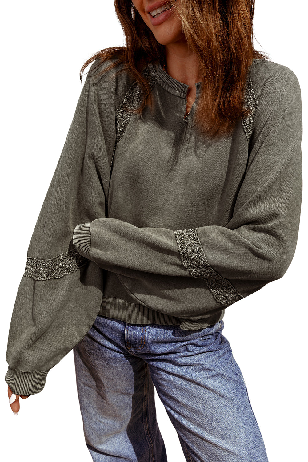 Jungle Green Lace Applique Notched Neck Mineral Wash Baggy Sweatshirt