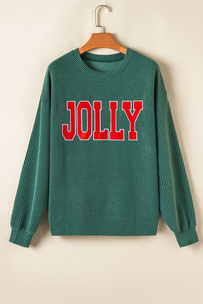 Evergreen Crinkle Rib JOLLY Pattern Long Sleeve Top and Pockets Pants Set