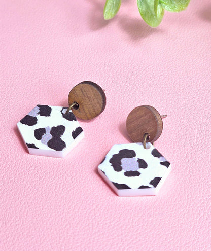 Black and White Cheetah Print Earring with Wood Stud Topper