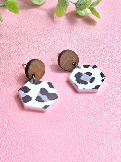 Black and White Cheetah Print Earring with Wood Stud Topper