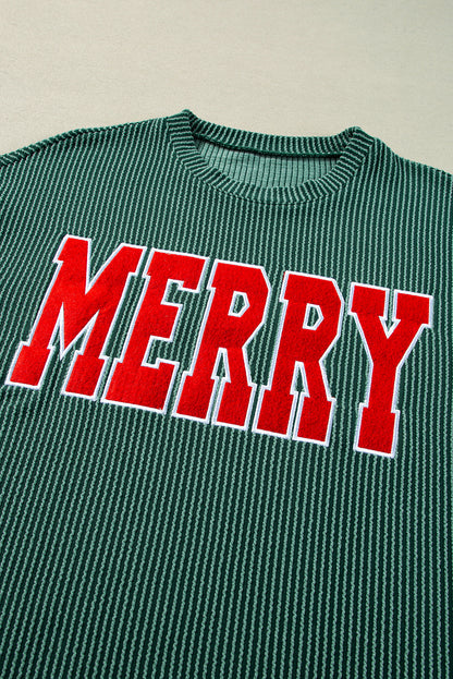 Evergreen Corded MERRY Long Sleeve Top and Shorts Pajama Set